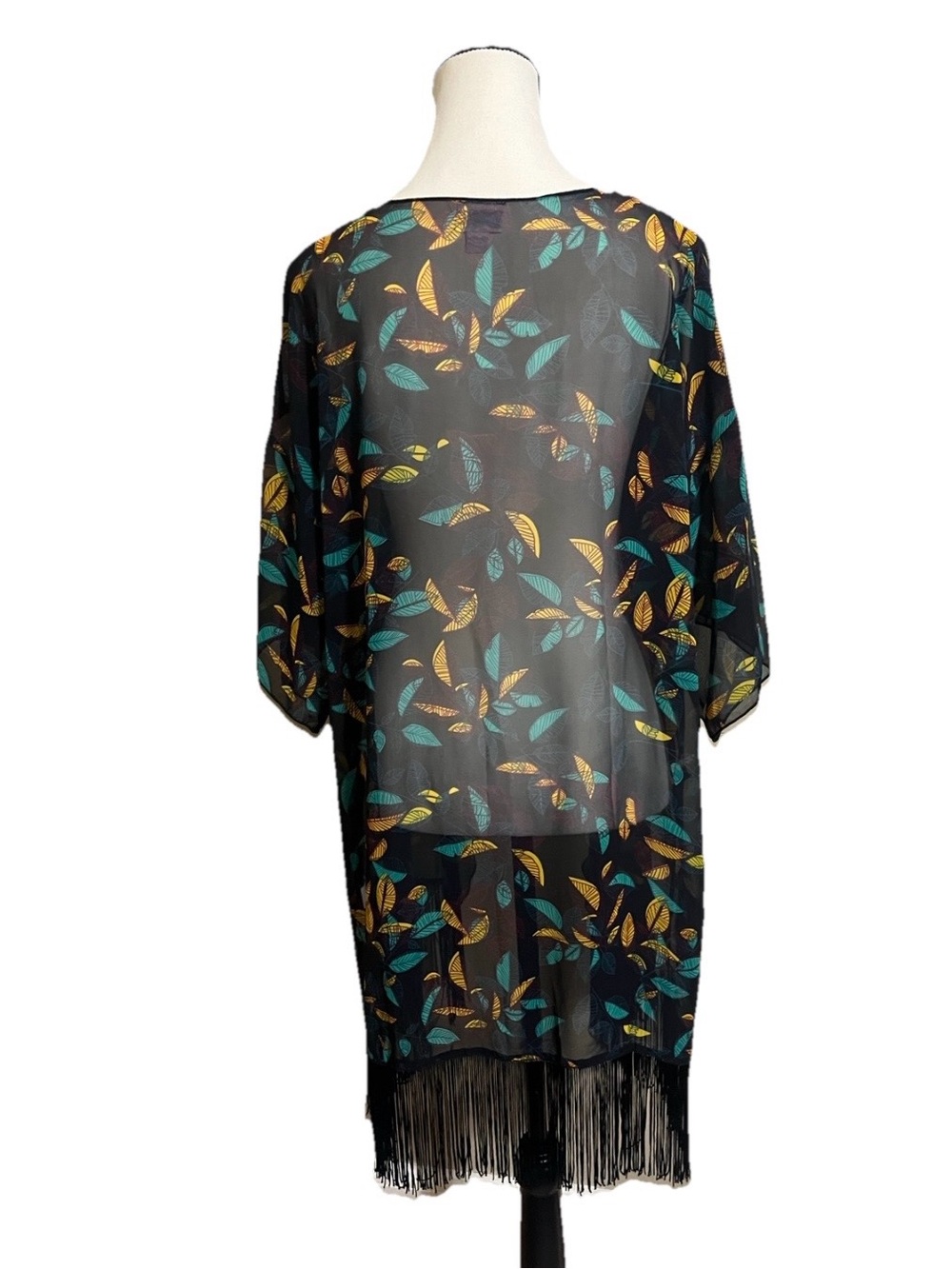 LuLaRoe Kimono Sz L MONROE Draped Collar Sheer Black Leaf Print Fringe Feminine - Picture 3 of 8